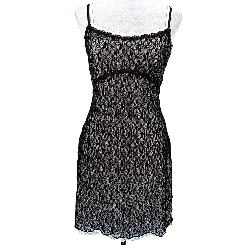 Black and White Lace Coquette Mini Slip Dress Womens M 90's Style Babydoll